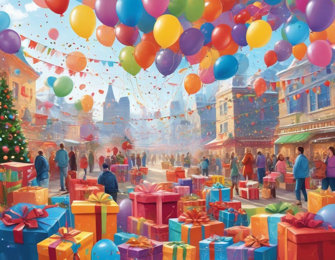 A vibrant, festive scene featuring a beautifully wrapped assortment of unique gifts, including personalized items, hand-crafted treasures, and innovative gadgets, all set against a backdrop of balloons, confetti, and a joyous atmosphere. vector art. vibrant colors.