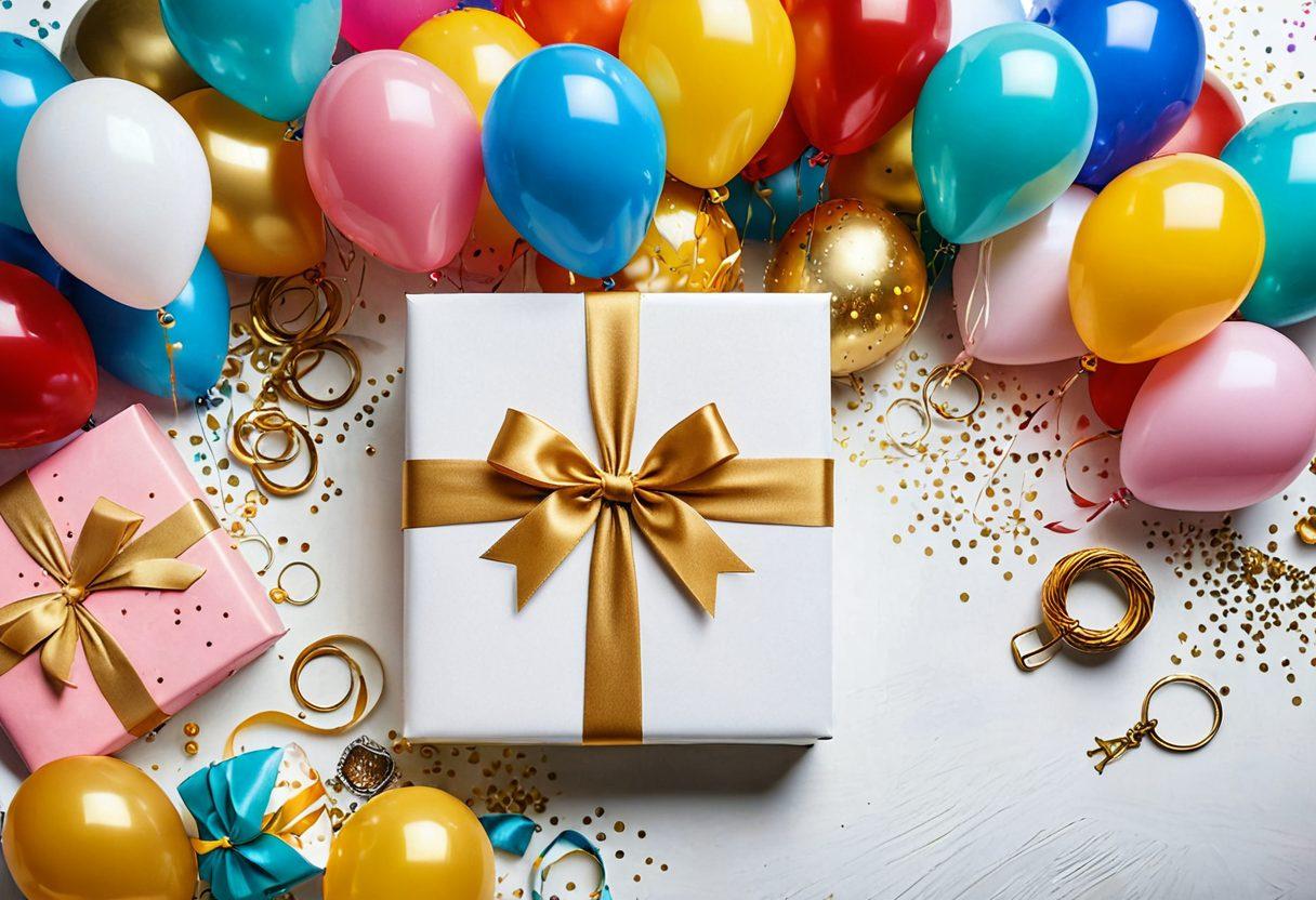 A beautifully wrapped gift box with a shimmering golden ribbon, surrounded by various unique presents like handmade crafts, personalized jewelry, and custom photo frames. Each present radiates joy and sentimental value, set against a celebratory background with subtle confetti and balloons. Vibrant colors and intricate details. super-realistic. white background.