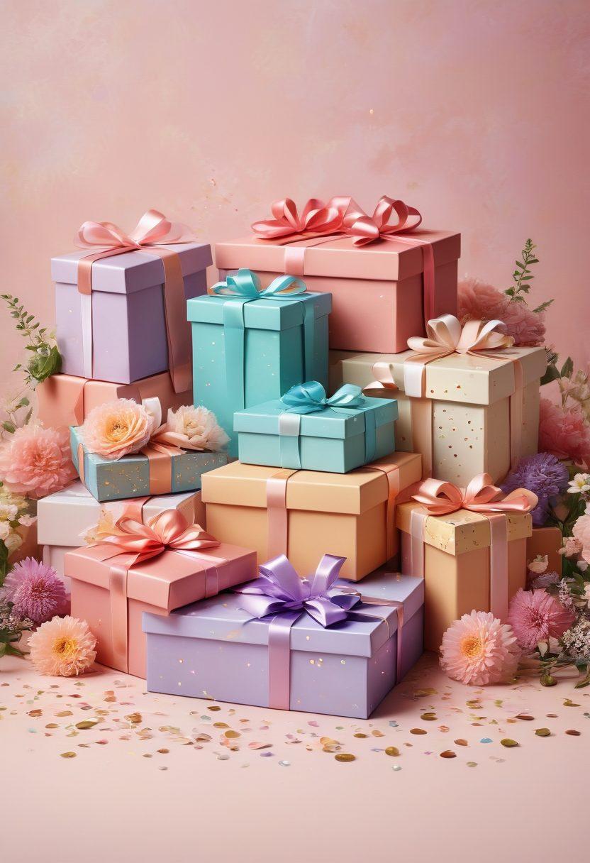 A beautifully wrapped collection of diverse gift boxes, showcasing a variety of textures, sizes, and colors, each adorned with elegant ribbons, surrounded by delicate flowers and confetti. The background should be a soft, inviting pastel palette. Illustration style that focuses on intricate details and warm, cozy vibes.} super-realistic. vibrant colors.